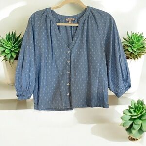 Badgley Mischka Women's Medium Pastel‎ Blue Swiss Dot Cotton Puff Sleeve Blouse